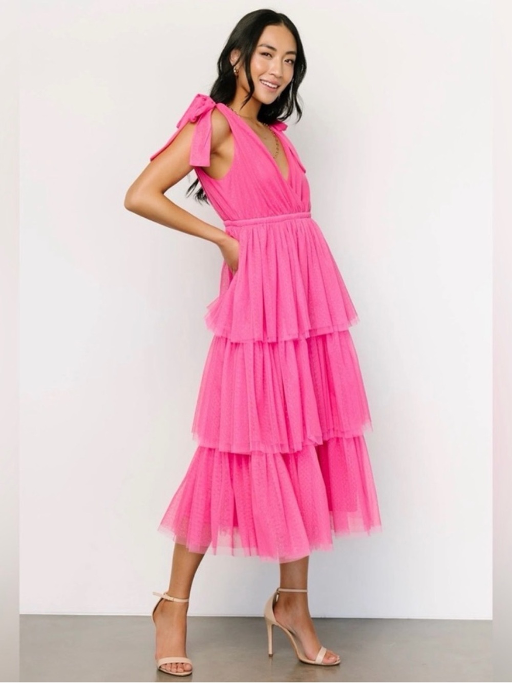 Baltic Born Hot Pink Tiered Tulle Midi Dress